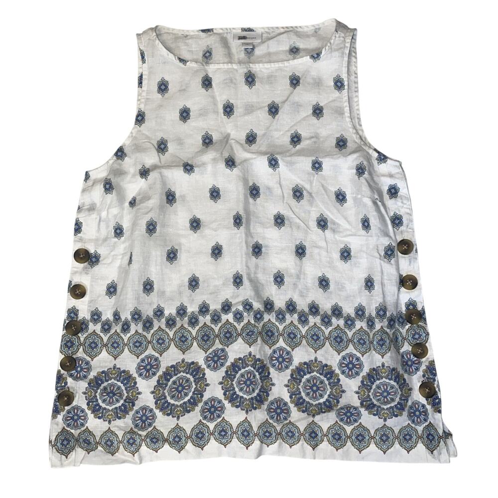 J. Jill Women's Ivory 100% Linen Medallion Print Buttoned Sides Tank M Petite